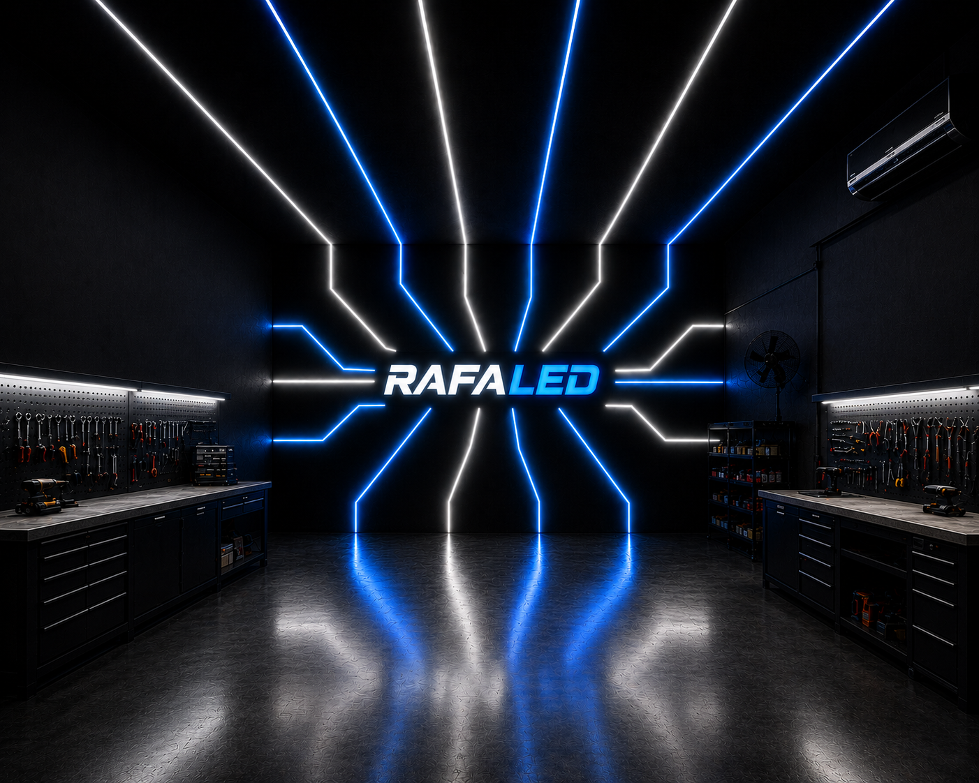 Showroom RafaLED com iluminação em LED azul e branca personalizada
